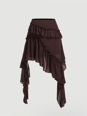 Dark Brown Asymmetrical Ruffled Chiffon Skirt